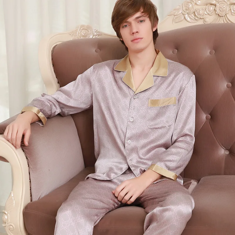 Men Genuine Silk Pajamas 2019 New Fashion Printed 100% Silk Sleepwear Male Long Sleeve Pyjama Pants Two-Piece Sets Z039
