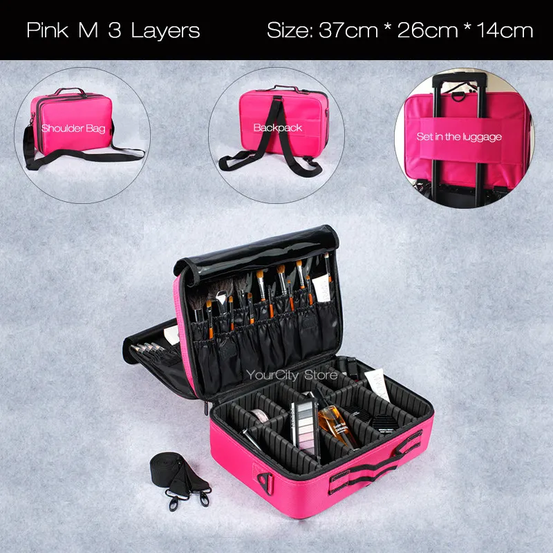 Сумка для макияжа, профессиональная косметичка, водонепроницаемый Женский чехол для макияжа, органайзер для макияжа, большая емкость, сумка для хранения, сумка для путешествий - Цвет: Pink M 3 Layers