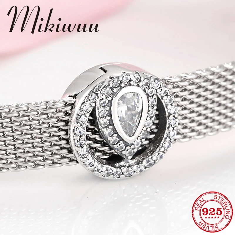 

925 Sterling Silver beautiful Water drop round CZ clips beads Fit Original charms reflection Bracelet Jewelry Making