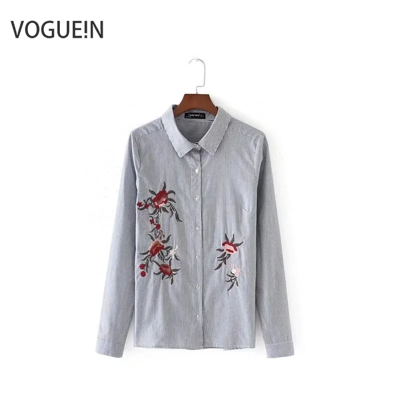 

VOGUEIN New Womens Ladies Striped Print Floral Embroidered Lapel Button Down Shirt Blouse Tops Wholesale