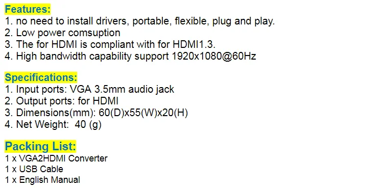 10 шт./лот мини VGA2HDMI 1080 P адаптер разъем VGA конвертер HDMI с аудио для проектора портативных ПК к HDTV С посылка