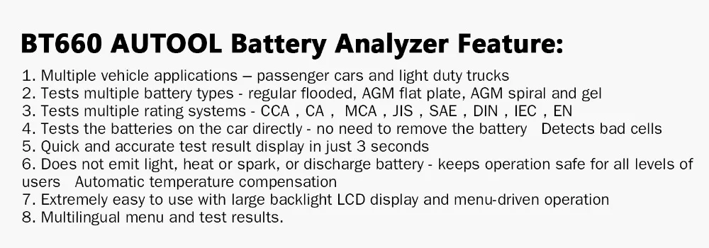 AUTOOL BT660 12V 24V Car Battery Tester Auto Cranking Charging Tester CCA Vehicle Starting System Diagnostic Tool with Printer
