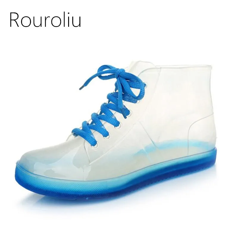 Rouroliu Women Cute Transparent Jelly Rain Boots Autumn Waterproof Lace-Up PVC Ankle Rain Shoes Woman Wellies RB174 Rouroliu Women Cute Transparent Jelly Rain Boots Autumn Waterproof Lace-Up PVC Ankle Rain Shoes Woman Wellies RB174