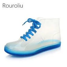 Rouroliu Women Cute Transparent Jelly Rain Boots Autumn Waterproof Lace-Up PVC Ankle Rain Shoes Woman Wellies RB174 Rouroliu Women Cute Transparent Jelly Rain Boots Autumn Waterproof Lace-Up PVC Ankle Rain Shoes Woman Wellies RB174
