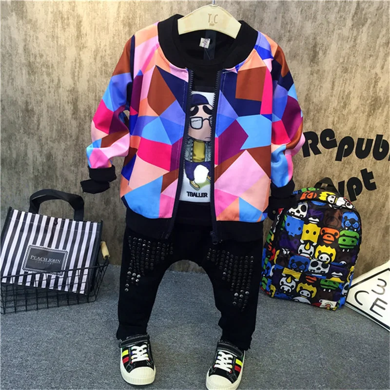 

3PCS boys fashion clothing set kids new printed hoodies black t shirt and jean set baby o-neck long sleeve zipper clothes