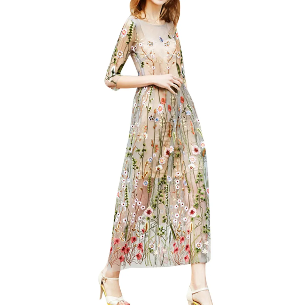

SAGACE Embroidery Party Dresses Runway Floral Bohemian Flower Embroidered 2 Pieces Vintage Boho Mesh Dresses For Women Vestido