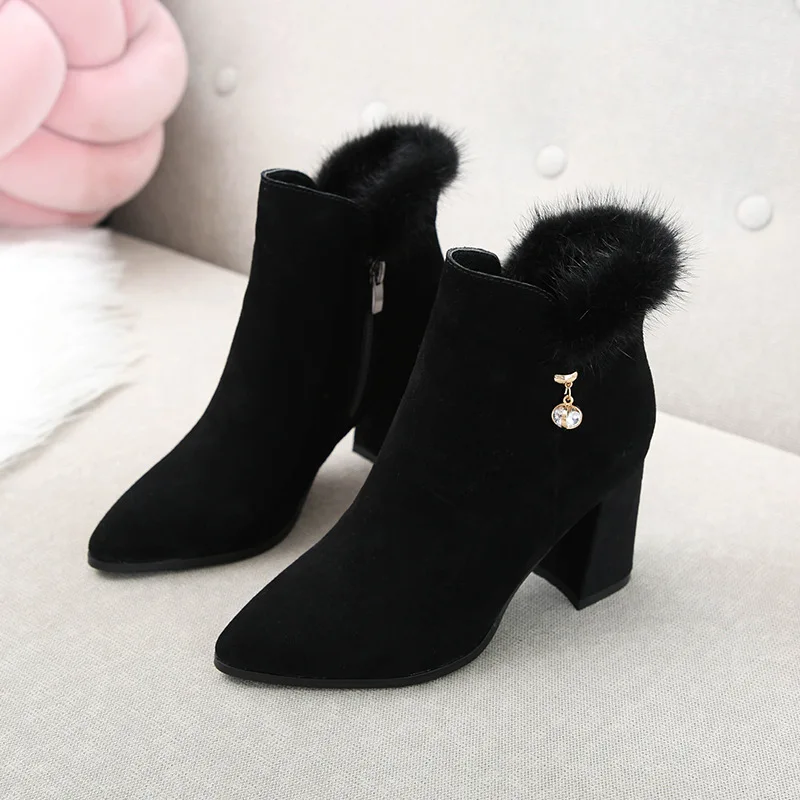 

2018 autumn winter The New Shoes Woman Pendant Square Heel Martin boots Matte leather Mink hair fashion Comfortable Insulation
