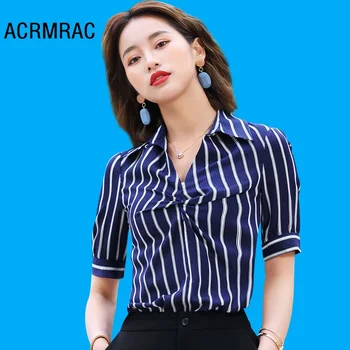 

Women shirt Slim summer stripe Shirring Thin section Half sleeve OL Formal Blouses & Shirts Women 5155
