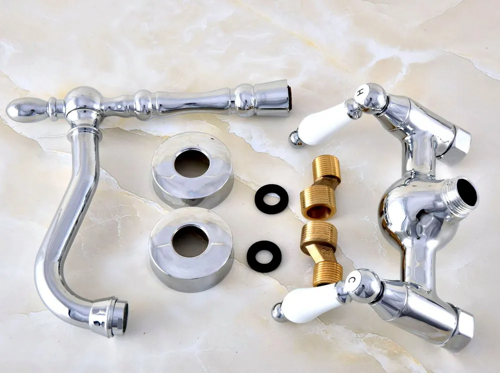 Polished Chrome Brass Wall Mount Kitchen Sink Faucet Swivel Spout Mixer Tap Dual Ceramics Handles Levers anf563