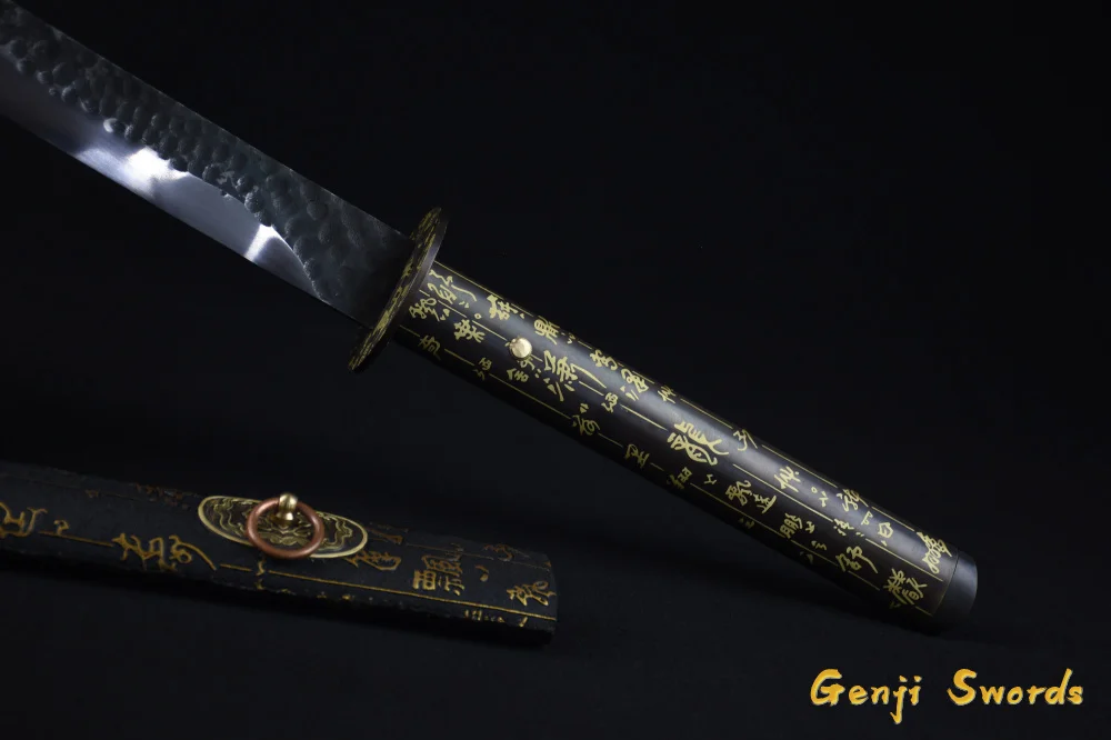 Handmade Japanese Black Samurai Wakizashi Sword High Manganese Steel Real Katana Sharp Edge Chinese Words Saya