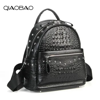 

QIAOBAO Luxury Alligator Genuine Leather Backpack Women Bags Preppy Style Backpack Girls School Bags Fashion Cowhide Leather Bag