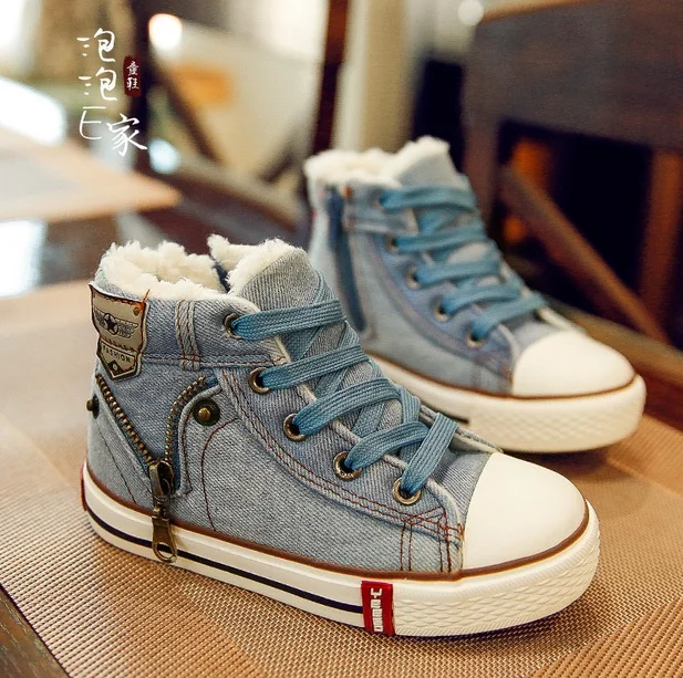 

2016 winter side zipper thickening plus velvet plus cotton canvas shoes female child boys cotton-padded shoes child shoes
