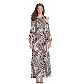 

European and American Muslim clothing geometric print striped long-sleeved long skirt Dubai thin dress dress