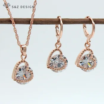 

S&Z 2019 New Trendy 585 Rose Gold 5 Color Heart Shape Cubic Zirconia Jewelry Set For Woman Girl's Wedding Party Fashion Gift