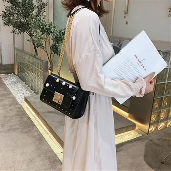 

TOYOOSKY 2019 Brands Designer Women Shoulder Bag Chain Strap Flap Ladies Leather Handbags Pearl Rivet Messenger Bag Clutch