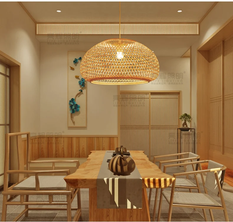 Round Bamboo Wicker Rattan Shade Pendant Light Fixture Nordic Scandinavian Rustic Japanese Hanging Ceiling Lamp E27 Bulb 220V