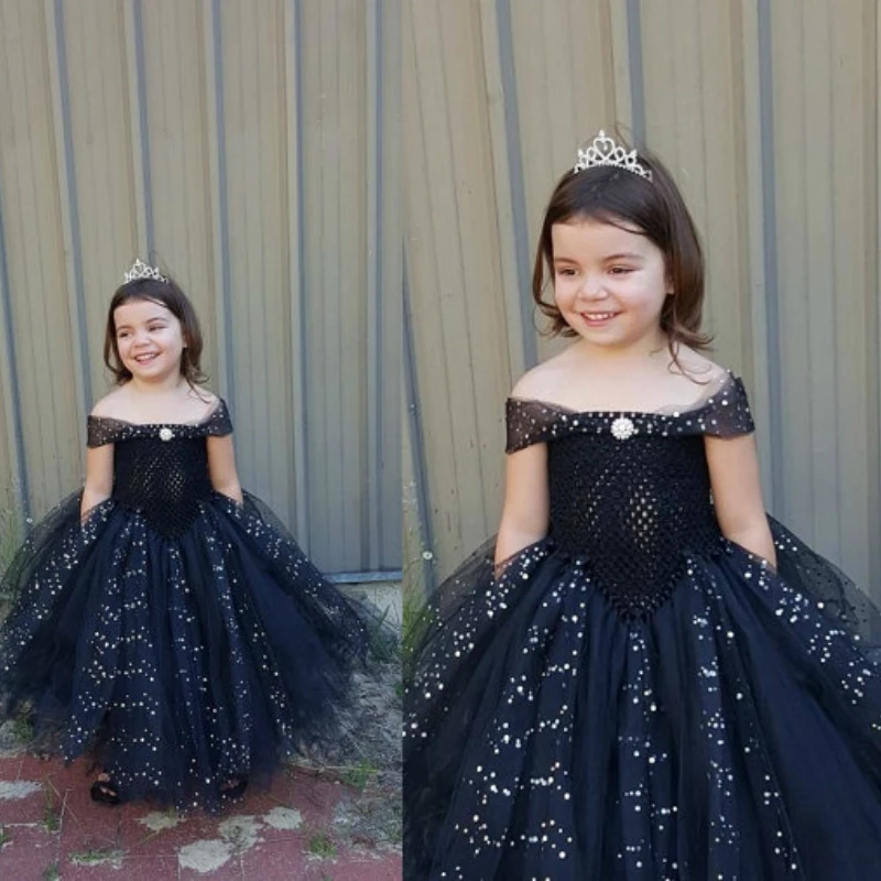 

Gorgeous Black Flower Girl Dress for Wedding Party Princess Glitter Tulle Ball Gown Tutu V- Shaped Dress Birthday Pageant Dress