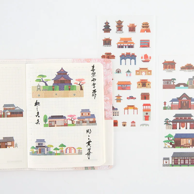 

6Sheets/Set Creative Ancient architecture Decoration Scrapbooking Stickers Transparent PVC Stationery Planner Stickers