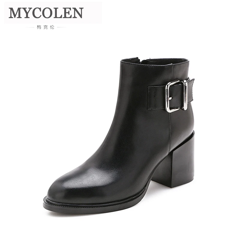 

MYCOLEN 2019 Women Boots Genuine Leather Round Toe Comfort Chelsea Boots High Heel Leather Shoes Autumn Winter For Women