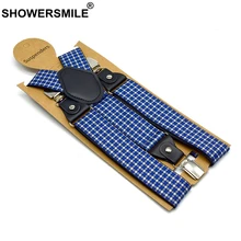 SHOWERSMILE мужские брюки ремень с кожаной синей клетчатой деловой подтяжки широкие регулируемые Elasitic подтяжки 3 зажимы Y Ремни на спине