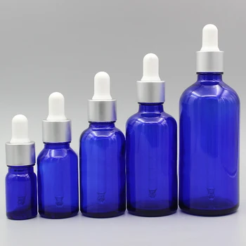 

2/10pcs 5ml 10ml 15ml 20ml 30ml 50ml 100ml Empty Blue Glass Essential Oil Dropper Bottle with Matt Silver Cover &White Glue Head