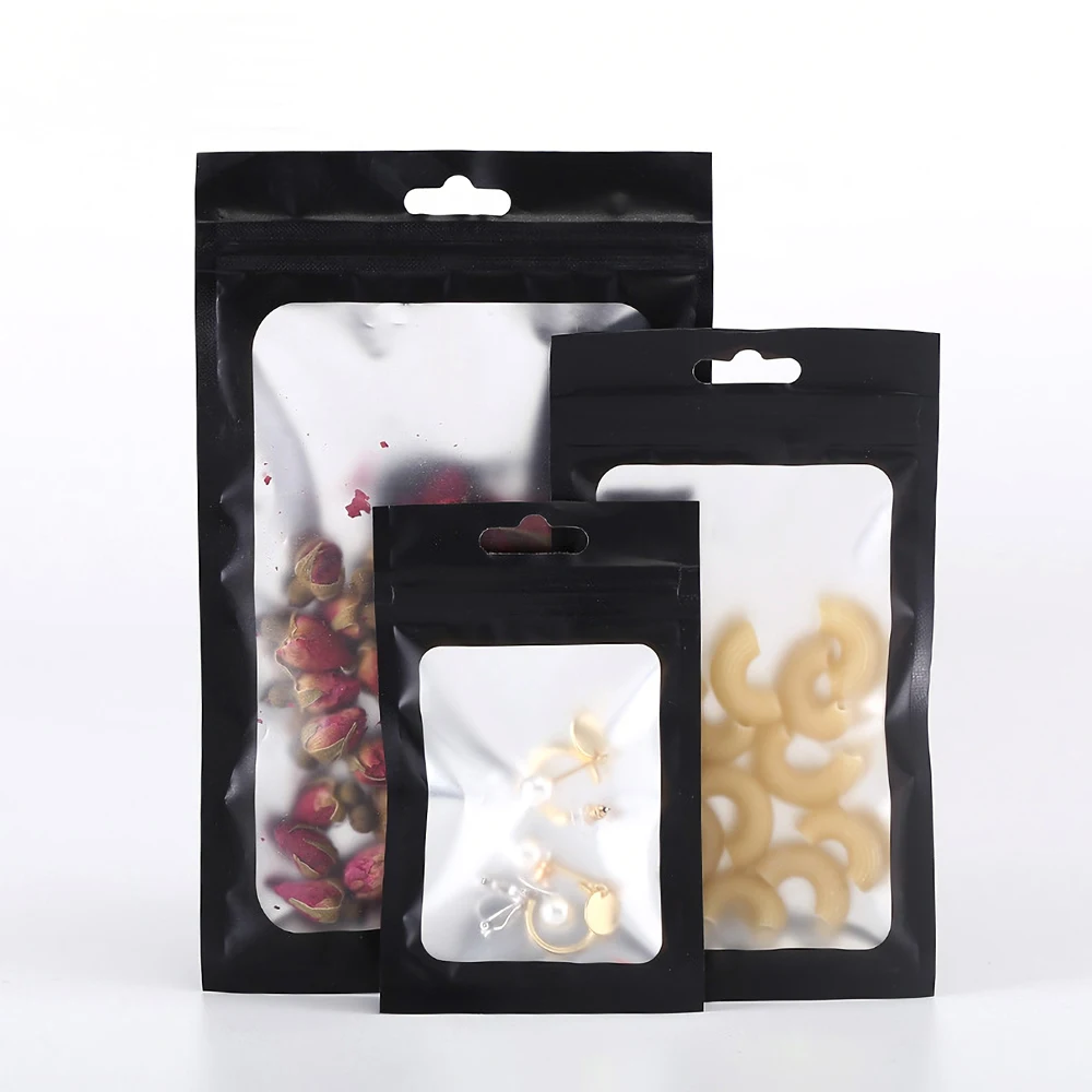 

50pcs Reclosable Flat Ziplock Packaging Bags with Hang Hole Matte Black Aluminum Foil Zip Lock Plastic Bags Various Sizes