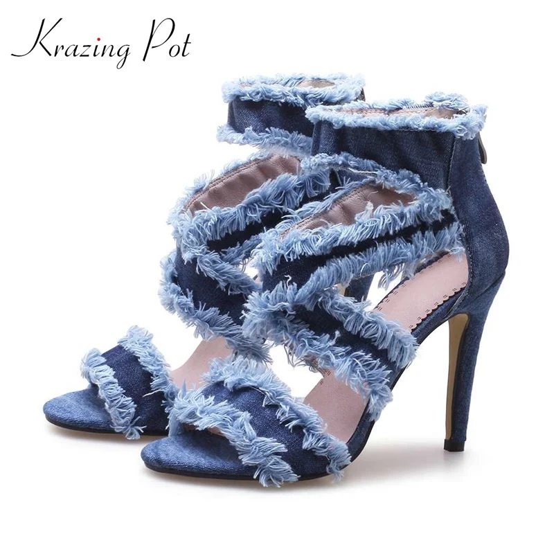 

Krazing pot denim brand shoes super high heels women sandals nightclub European style zipper decoration wedding party shoes L10