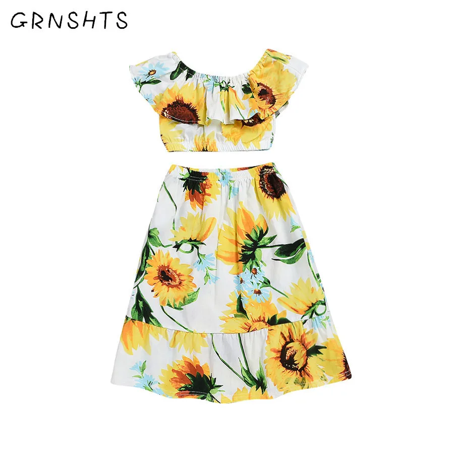 

GRNSHTS Sweet Little Baby Girls Sleeveless Fashion Sundress Clothes Off houlder Tops + Sunflower Dress 2Pcs Children Set