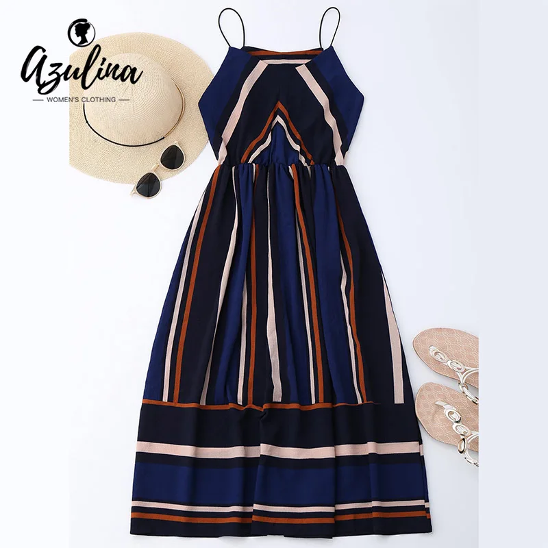AZULINA Casual Striped Beach Dress Women Sexy Sleeveless Spaghetti Strap Midi A Line Summer Party Dress