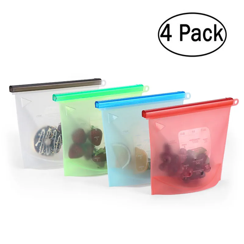 4pcs Reusable Silicone Vacuum Seal Food Fresh Bag Fruit Meat Milk Storage Containers Refrigerator Bag Ziplock Kitchen Organizer