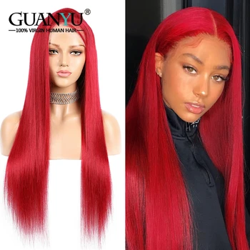 

Red Lace Front Wig Human Hair 150% Density Straight Remy Hair 13X4 Pre plucked Colored Burgundy Wigs With Baby Hair
