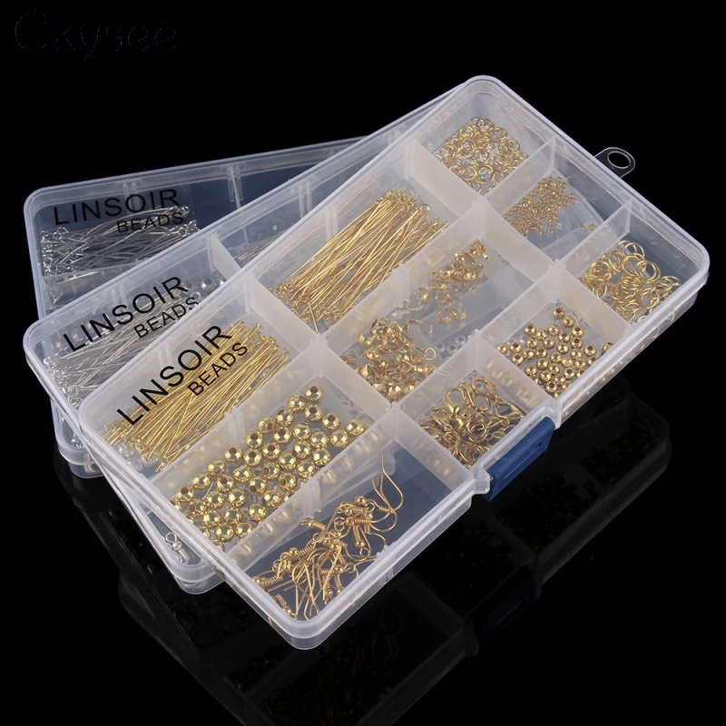 

Ckysee 1 Box Jewellery Findings Accessories Kit Set Spacer Beads Caps Jump Rings Ear Hook Clasps Pins for DIY Jewelry Making