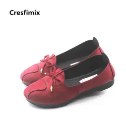 Женская модная удобная танцевальная обувь винно-красного цвета, Женская Повседневная серая Тканевая обувь на плоской подошве с бантиком