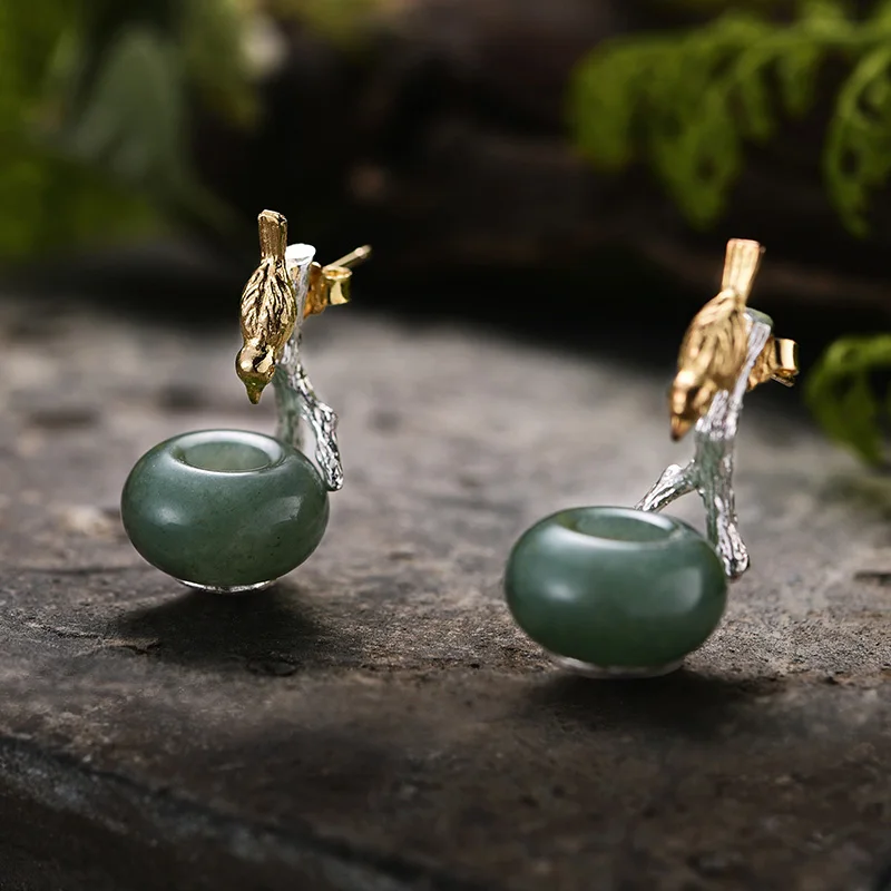 Lotus весело Настоящее стерлингового серебра 925 натуральный камень творческий ручной Fine Jewelry прекрасная птица Висячие серьги для женщин brincos - Цвет камня: Зеленый
