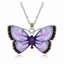 Women Fashion Enamel Butterfly Crystal Pendant Silver Chain Necklace Jewelry
