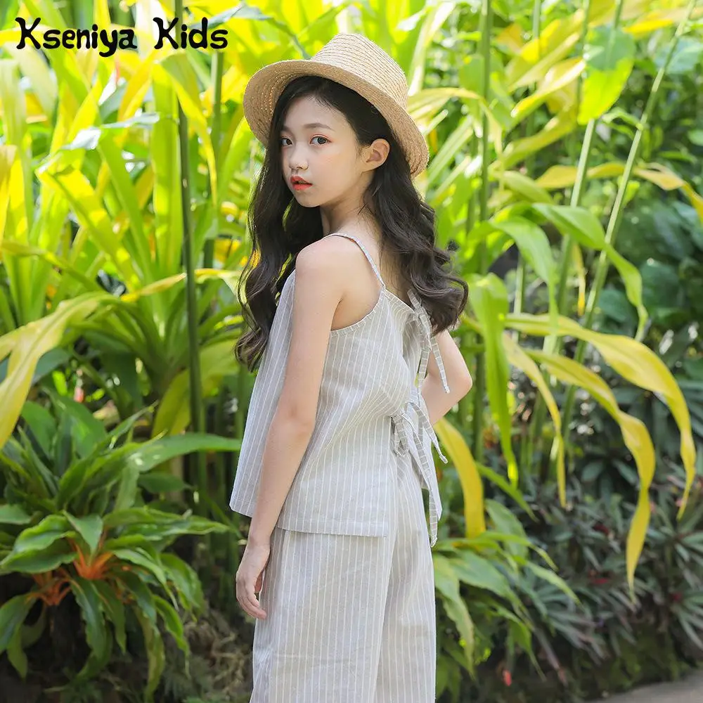 

Kseniya Kids Summer Big Children Girls Cotton Shirt + Striped Wide Legged Pants Streetwear Girls Clothing Sets 2 Piece Set Girl