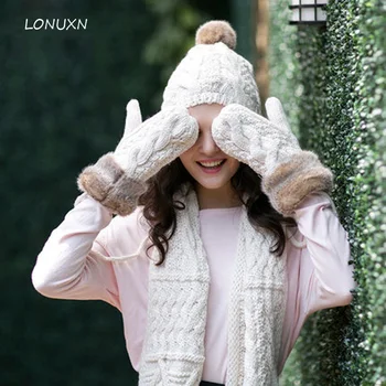 

3 colors High quality With plush Hat+scarf+ glove scarf with Korean female cashmere knitting wool suit warm lovely thickening