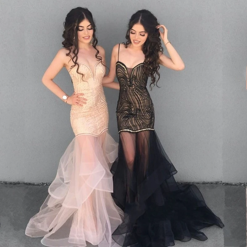 Gorgeous Spaghetti-Straps Prom Dress 2018 Mermaid Tulle Sheer Evening Gowns 169