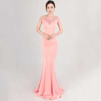 

Pink Transparent Mesh Sequins Beading O Neck Short Sleeve Floor Length Mermaid Sexy Clubwear Women Dress Elegant Party Dresses