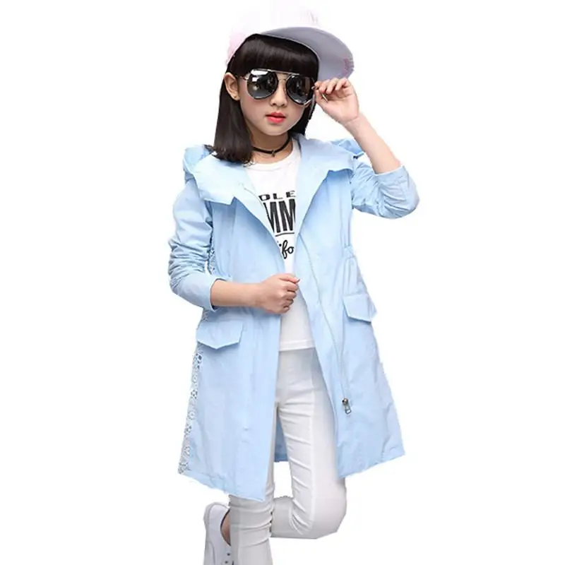 

New Spring Autumn Fashion Teenage Girls Lace Solid Zipper Trench Coat Baby Girl Trench Windbreaker Outerwear Kids Clothes Y27
