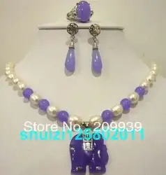 Huij 0084 Бесплатная доставка Овальный жемчужно-белый и фиолетовый нефрит слона кулон Цепочки и ожерелья комплект