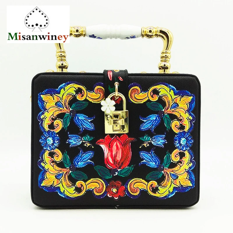 

Famous Designer Flower Print Painted Tote Shoulder Bag Female Sicilian Vintage Ethnic Style Handbag Genuine Leather Clutch Purse
