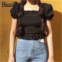 Bazaleas шикарная винтажная черная блуза на молнии сбоку Blusa Feminina в горошек с принтом обрезанная блузка с оборками Женские Топы Прямая доставка