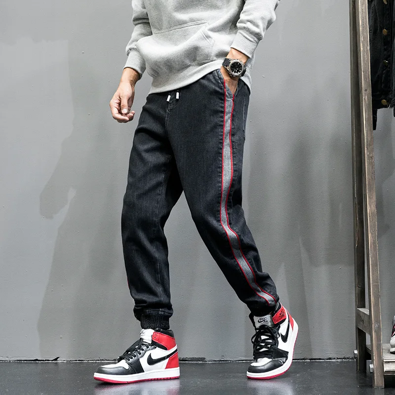 

Fashion Classical Men Jeans Japanese Style Loose Fit Black Harem Pants hombre Streetwear Stripe Patch Hip Hop Joggers Jeans Men