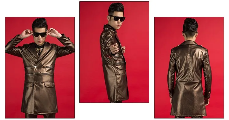 Новое поступление певец с пунктом для ночного клуба право Чжи-длинная куртка коричневый кожаный однобортный фасон панк человека пальто куртки