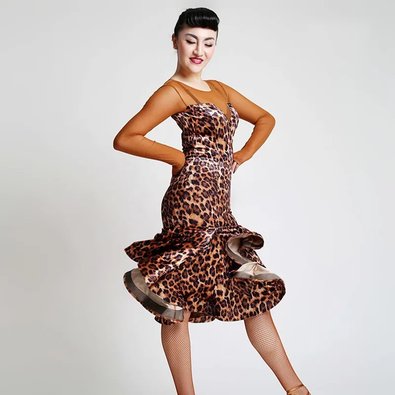 

Adult Girls velvet Tango Latin dresses sexy Black Leopard dress mesh yarn solid trumpet Ballroom Competition Dance costume