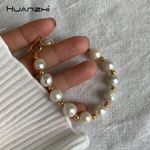 HUANZHI винтажные позолоченные металлические звенья цепи натуральный пресноводный барочный жемчуг браслеты для женщин Девушка Feminina ювелирные изделия браслет