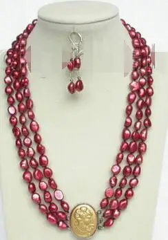 

Free Shipping >>>>>20" 3row 12mm baroque wine red pearls necklace dangle Earrings set j8547