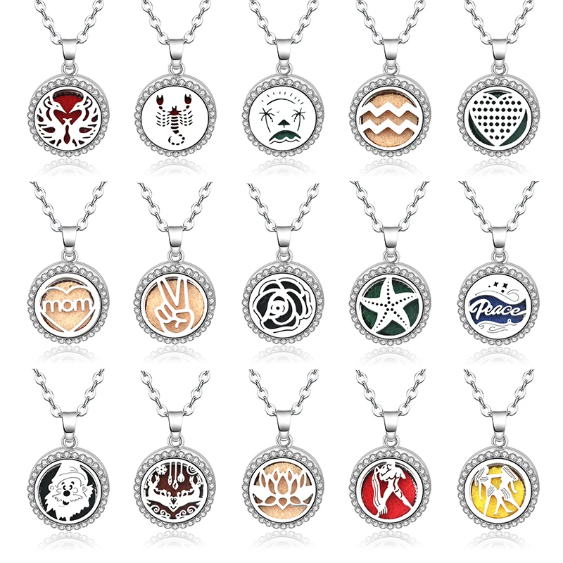 

2019 New 21 Style Aroma Diffuser Zircon Necklace Stainless Steel Neck Pendant Perfume Essential Oil Aromatherapy Lockets Jewelry