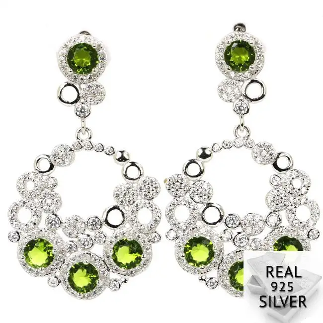 

8.5g Real 925 Solid Sterling Silver Deluxe Green Peridot CZ Man Engagement Earrings 41x25mm